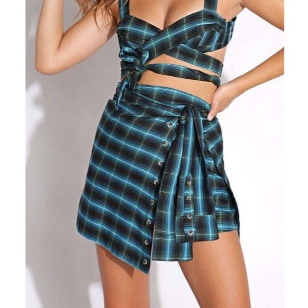 For Love & Lemons Gwen Wrap Skirt Green Plaid Small